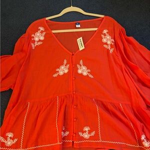 Old Navy Bright Red Blouse with White Embroidery